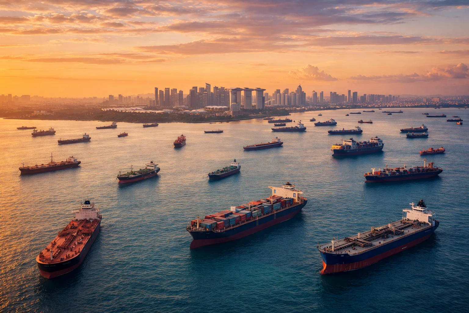 Ships at anchor in Singapore Strait with Marina Bay Sands skyline