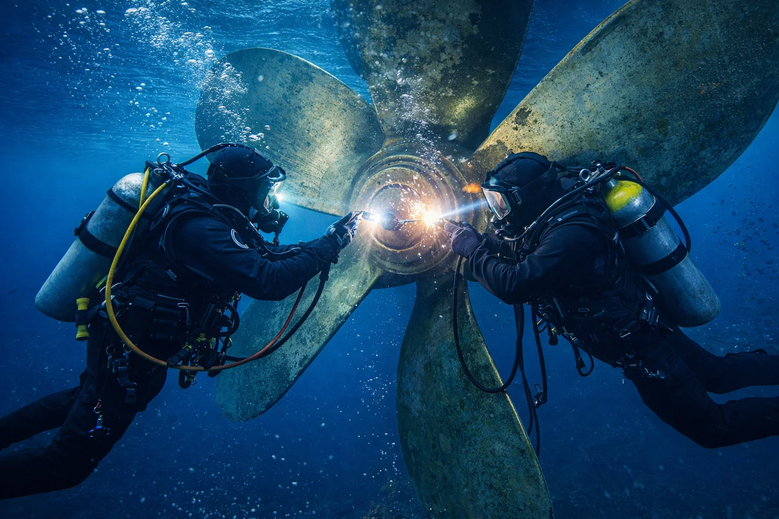 Commercial divers performing underwater propeller repairs